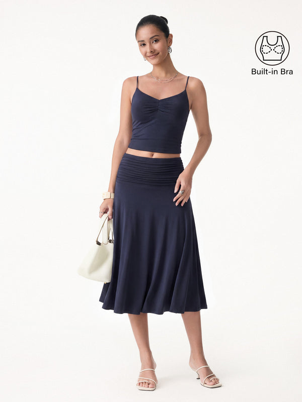 OGLmove 2Pcs Set Front Tucked Spaghetti Brami & A-line Midi Skirt Midnight Navy XS