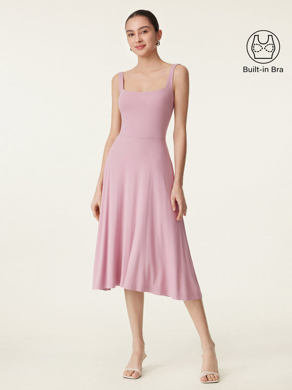 OGLmove Square Neck Flowy New Airy Bra Midi Dress Rose Mauve M