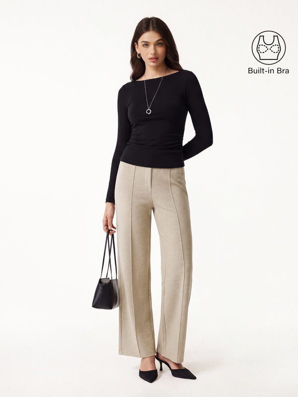 OGLmove 2Pcs Set Boatneck Bra Top & High Waisted Straigh Leg Pant Black/Heather Morganite XXS