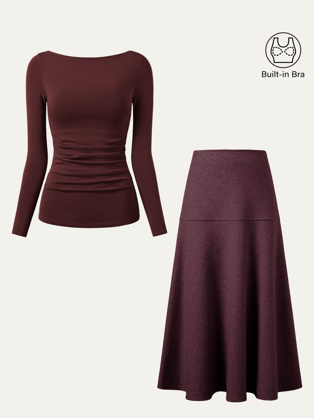 2Pcs Set Boatneck Tucks Brami Top & Flared Maxi Skirt Ruby/Plum Berry XS