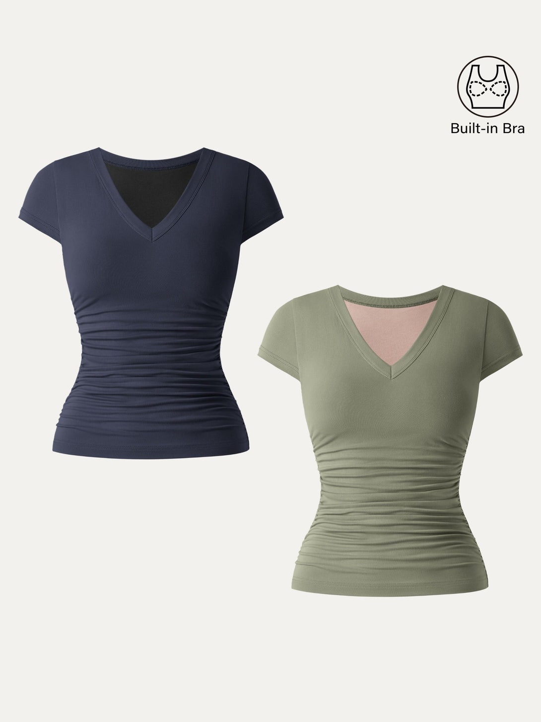 Elevated V-neck Side Ruched Cap Sleeve Brami Tee Tate Olive/Midnight Navy XS