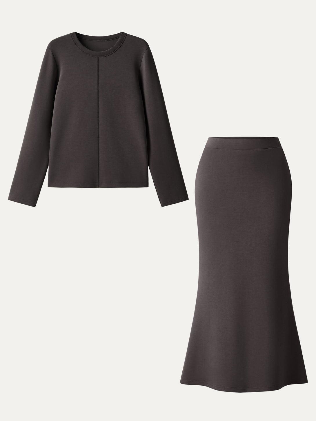 2Pcs Set Crew Neck Pullover Shirt & Wrinkle-Resistant Maxi Pull-on Skirt Black Chocolate XS