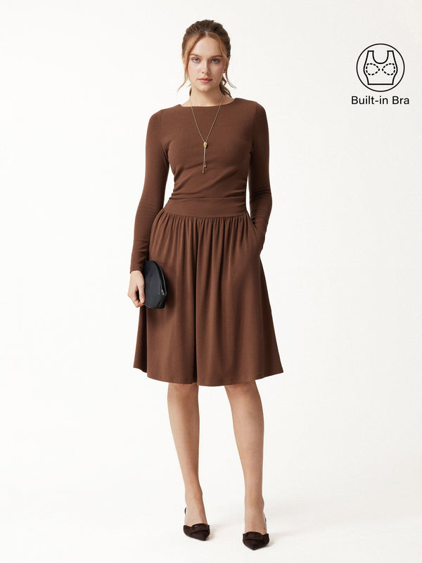OGLmove Eco-Mousse® Boatneck Ruched Mini Bra Dress with Pockets Sweet Hazelnut XXS