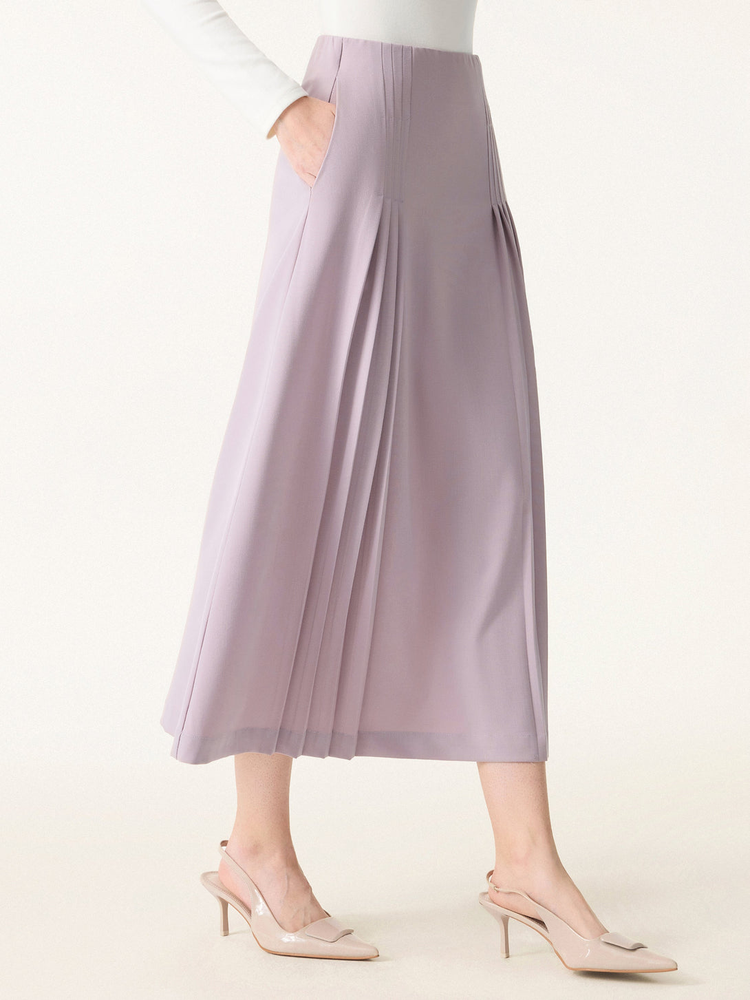 Wrinkle-Resistant A-line Pleated Midi Skirt with Pockets