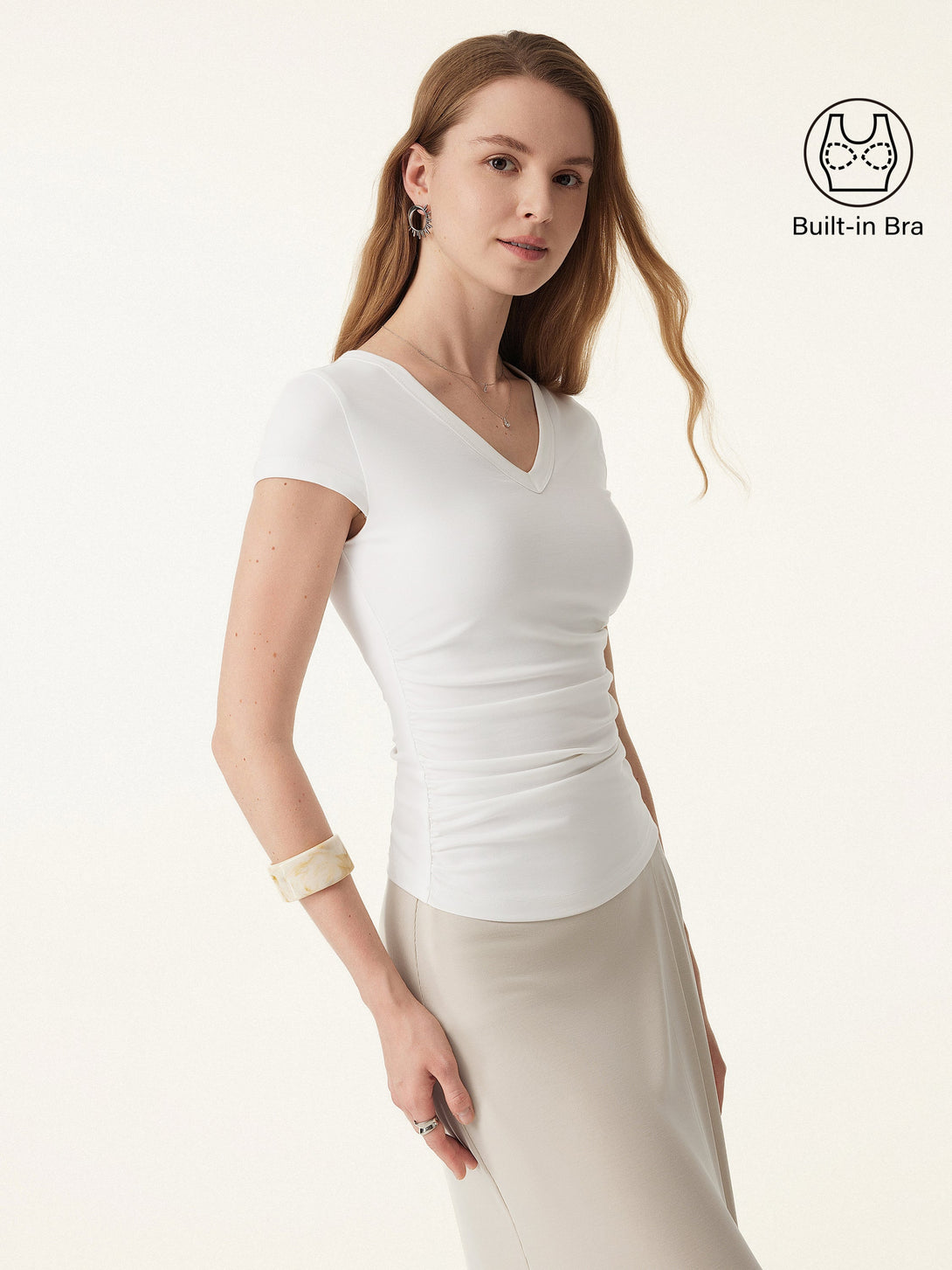 Elevated V-neck Side Ruched Cap Sleeve Brami Tee Pure White XS