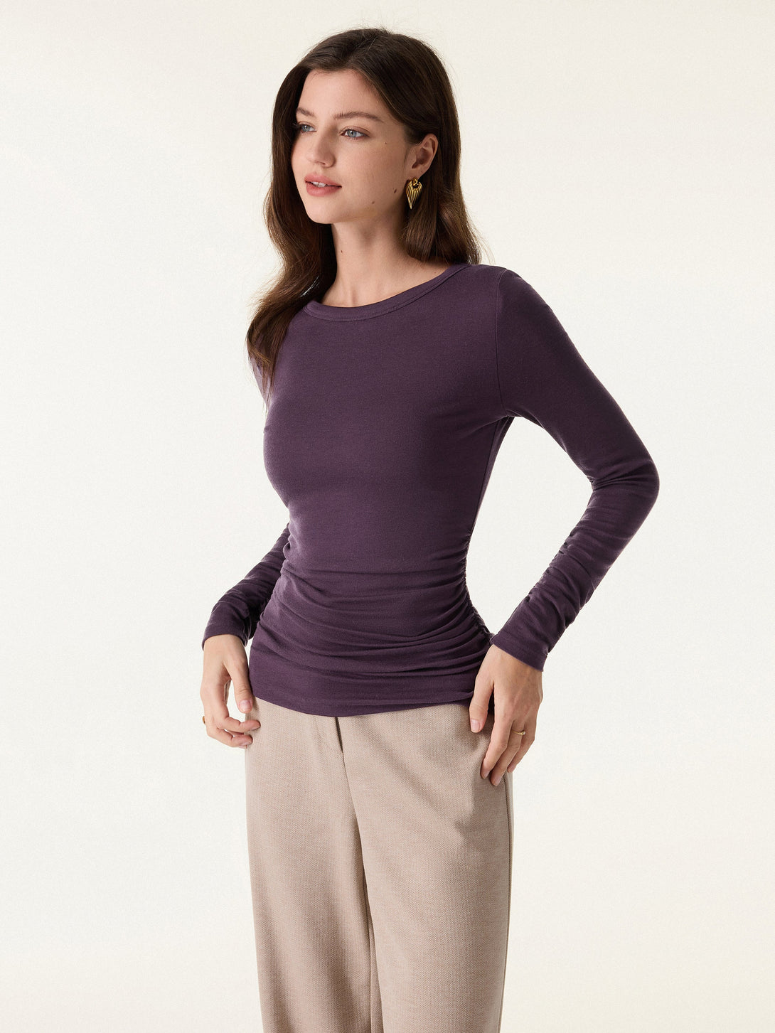 Lyocell Cashmere Ruched Sleeve Skimming Top Plum Wine XS