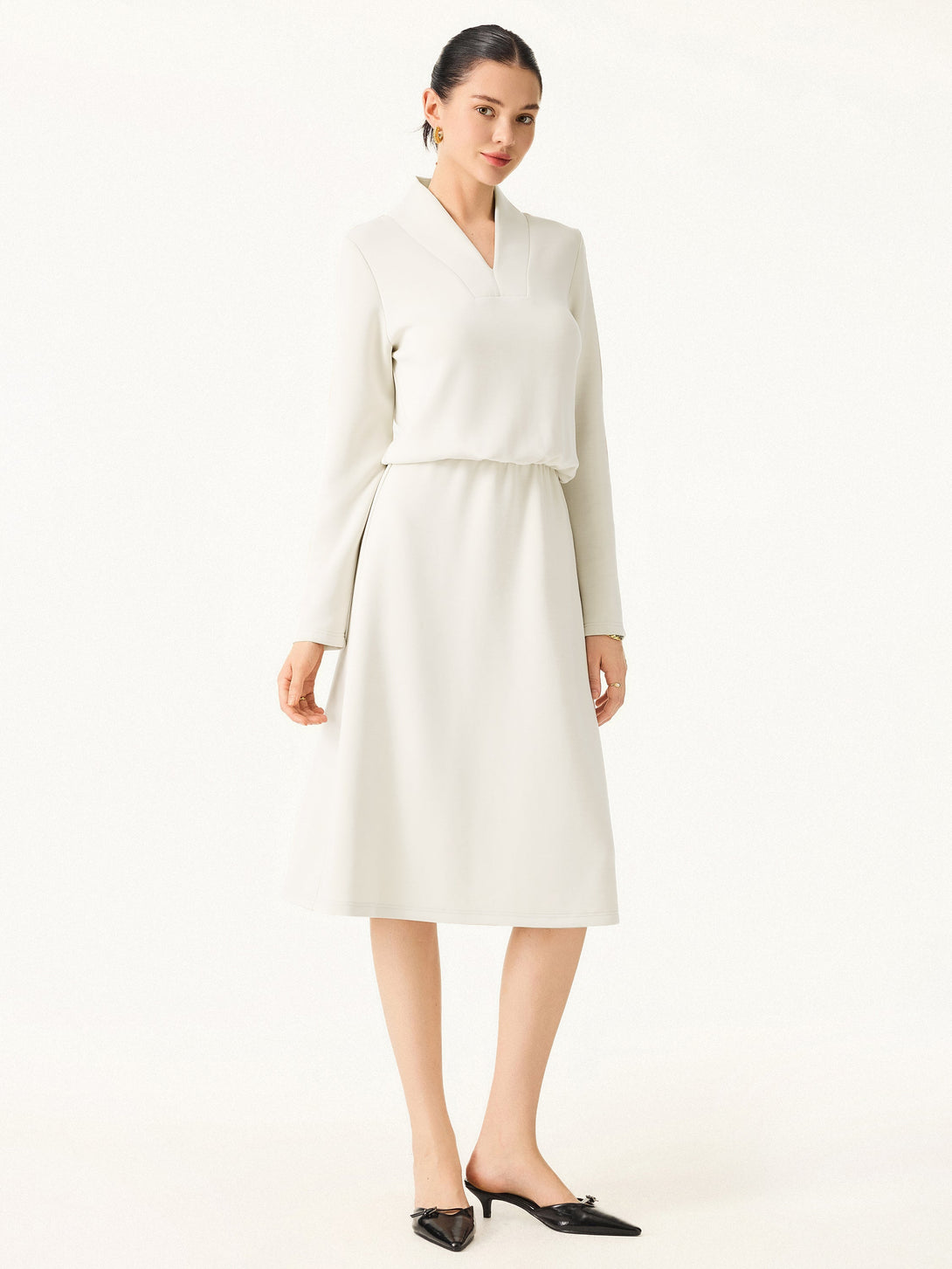Elevated V-neck Long Sleeve Cinched Midi Dress