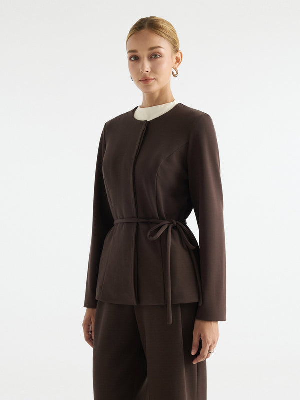 OGLmove Bamboo Piqué Round Neck Long Sleeve Belted Jacket with Pockets Black Chocolate Brown XXS