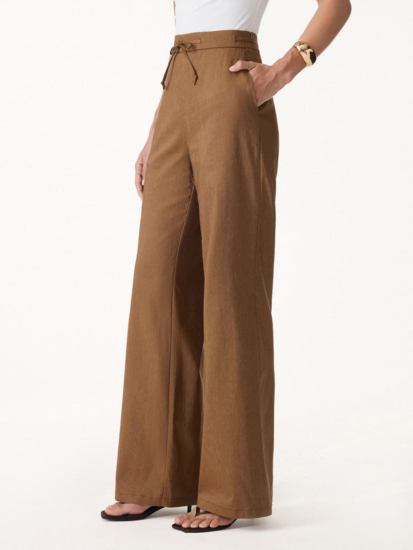 OGLmove Wrinkle-Resistant Linen Drawstring Wide Leg Pant with Pockets Regular Tree Brown