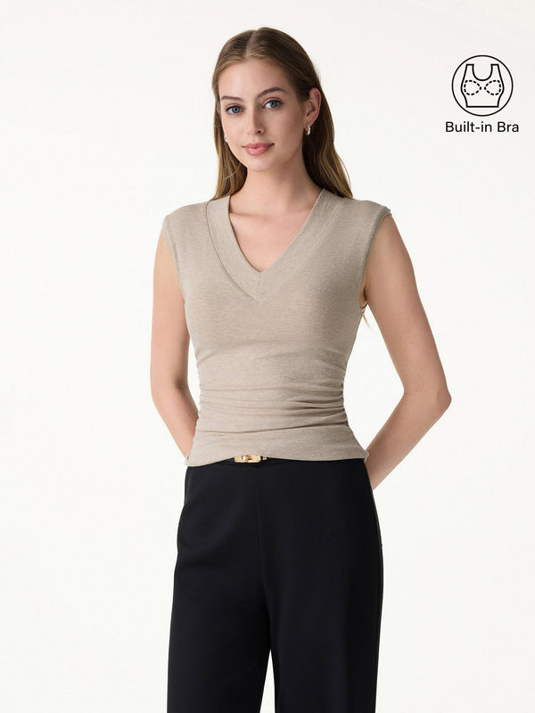 Sweat-Wicking V-Neck Wide Shoulder Ruched Bra Top Heather Oatmeal XS