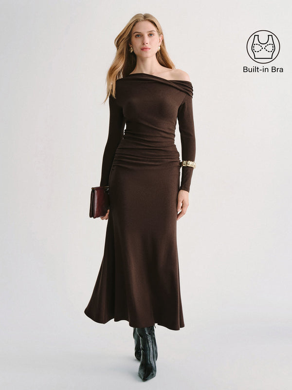 OGLmove 2Pcs Set Prowarm Neck Built-In Bra Top 3.0 & Mid-Rise Ruched Flared Midi Skirt Espresso XXS
