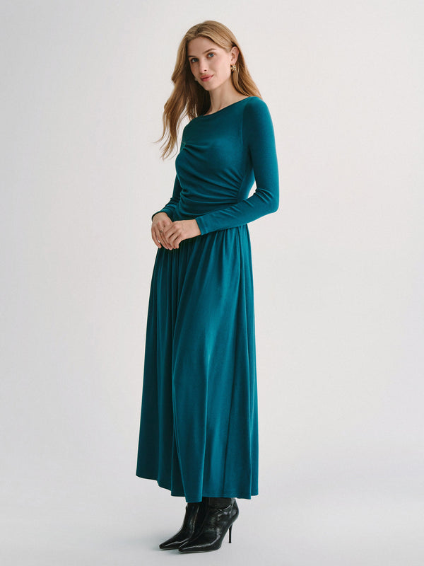 OGLmove LiteWarm Boatneck Long Sleeve Ruched Maxi Built-In Bra Dress 2.0 with Pockets