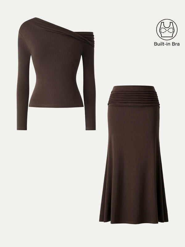 OGLmove 2Pcs Set Prowarm Neck Built-In Bra Top 3.0 & Mid-Rise Ruched Flared Midi Skirt
