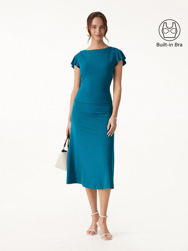 OGLmove 2Pcs Set SkinKiss Cowl Back Flutter Sleeve Bra Top & Pull-on Midi Skirt Dark Marine XS