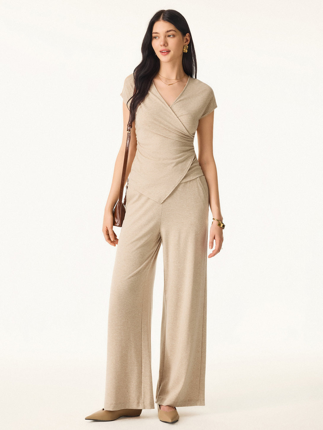 2Pcs Set Lyocell Wool Surplice Cap Sleeve Top & Mid Rise Wide Leg Pants with Pockets Heather Tan XS
