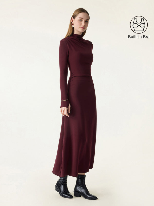 ProWarm Mockneck Ruched Midi Brami Dress with Thumbhole