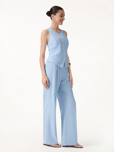 OGLmove 2Pcs Set Waistcoat with Pockets & Wide Leg Pants Arctic Blue XS