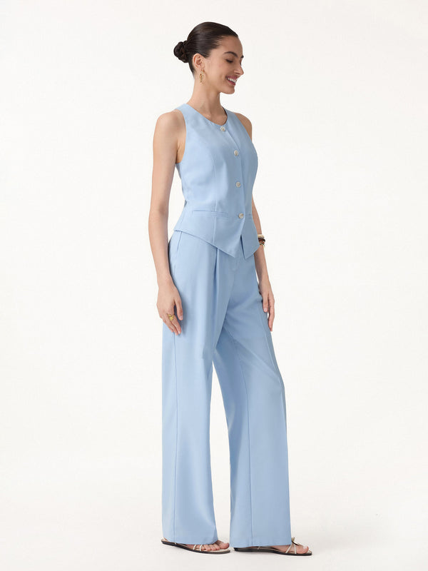 OGLmove 2Pcs Set Waistcoat with Pockets & Wide Leg Pants Arctic Blue XS