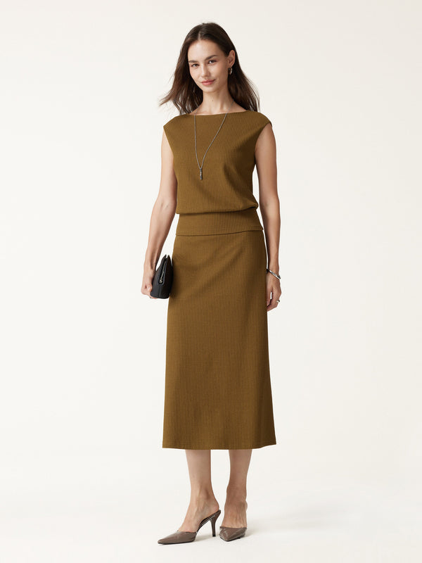 OGLmove Textured Cotton Blend Boatneck Sleeveless Banded Hem Top