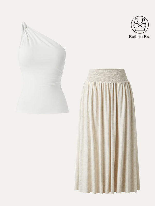 2Pcs Set One Shoulder Twisted Brami Tank & Smocked Waist Skirt with Pockets