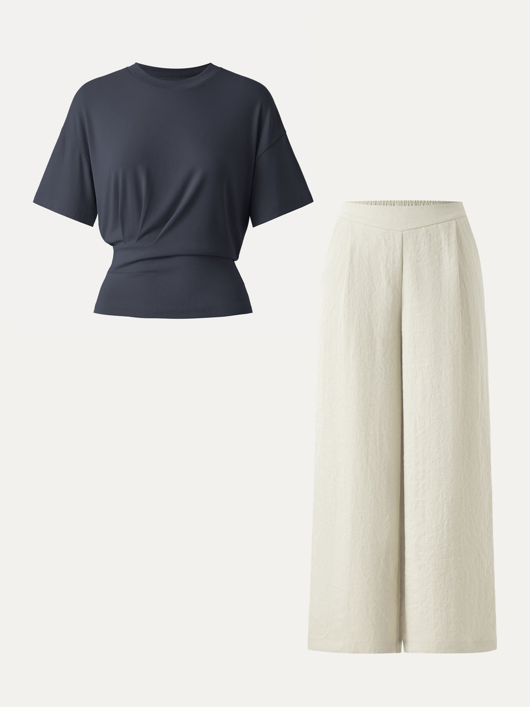 2Pcs Set Sandwashed Crewneck Short Sleeve Tee & Linen Mid Rise Wide Leg Pant with Pockets Deep Navy/Off White XS