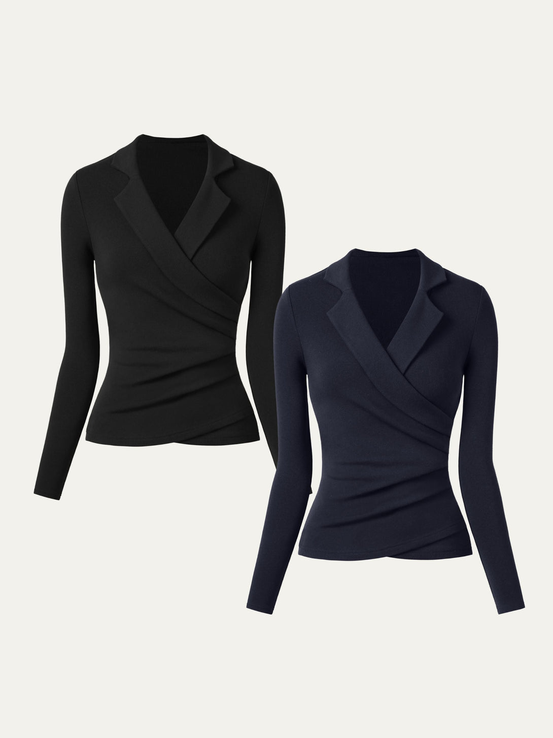 2Pcs Set Collared Surplice Top Black/Midnight Navy XS