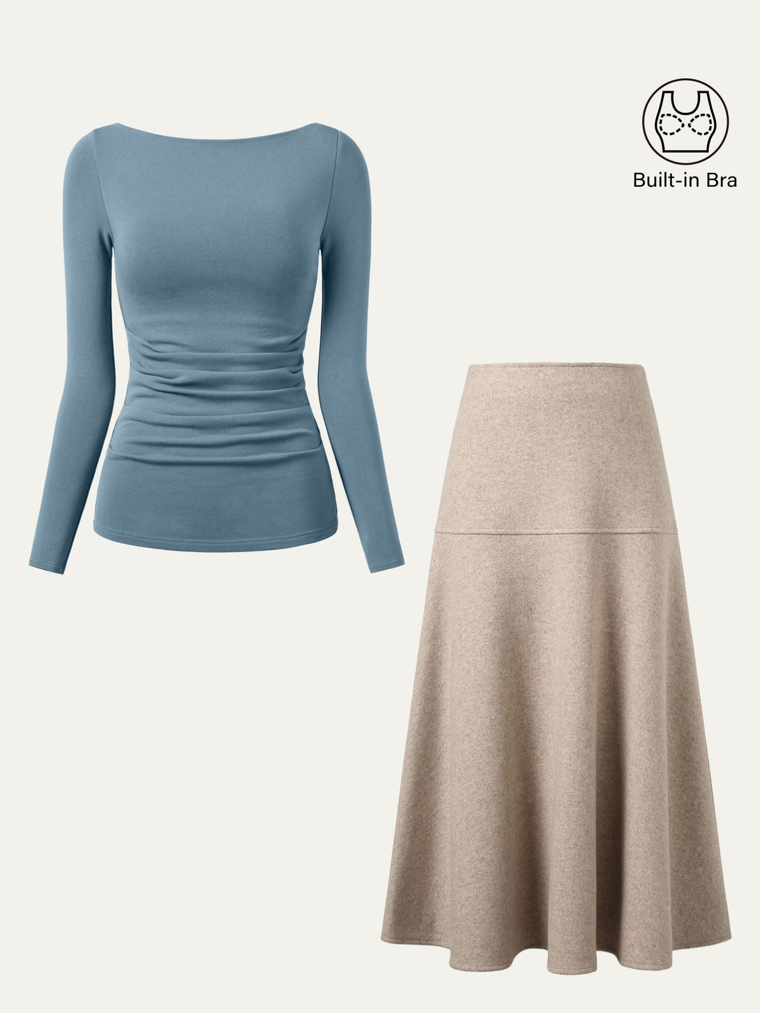 2Pcs Set Boatneck Tucks Brami Top & Flared Maxi Skirt
