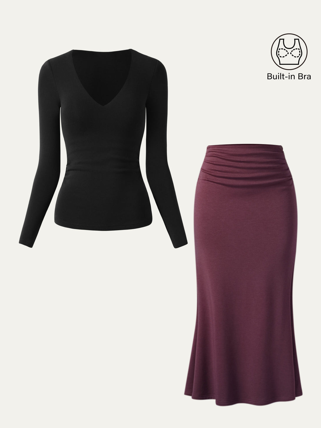 2Pcs Set V-Neck Brami Top & Mermaid Maxi Skirt Black/Plum XS