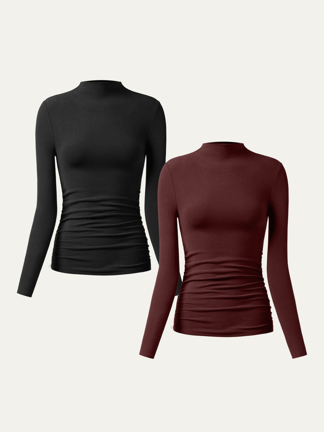 2Pcs Set Thermal Ruched Sides Tuckable Mockneck Top Black/Ruby XS