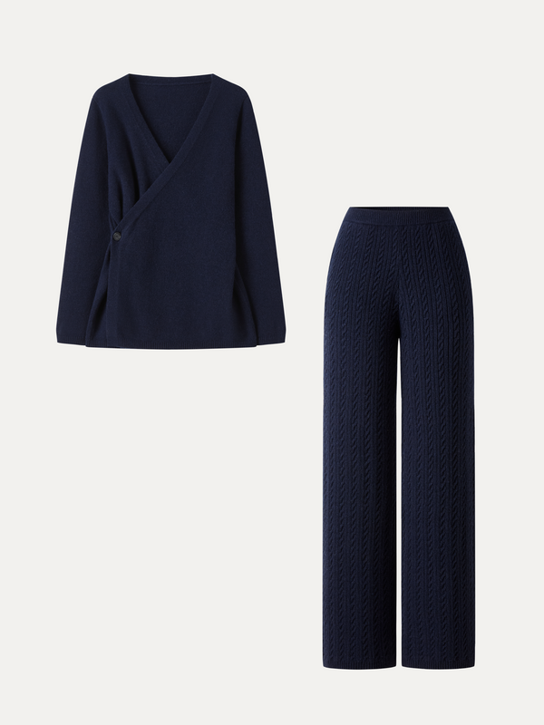 OGLmove 2Pcs Set V-Neck Long Sleeve Wrap Sweater & Cable-Knit Wide-Leg Pants with Pockets