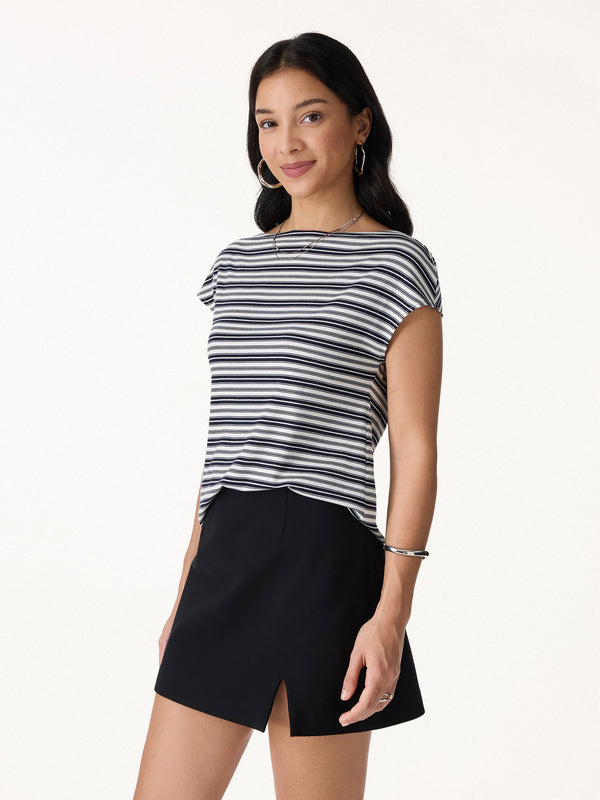 OGLmove Striped Slash Neck Cap Sleeve Relaxed Top Navy/White Stripe XS