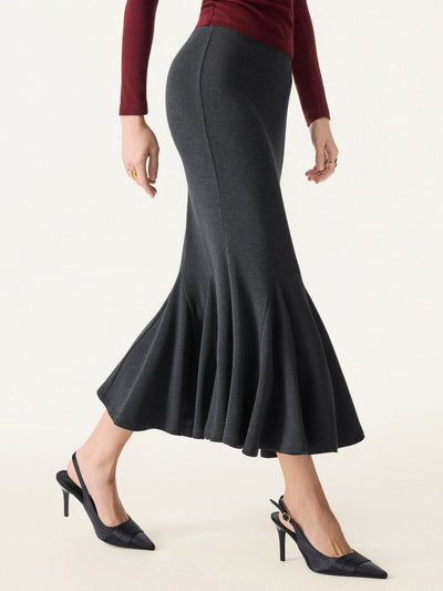 Brushed Inside Mermaid Flare Pull-On Midi Skirt Heather Shadow XS