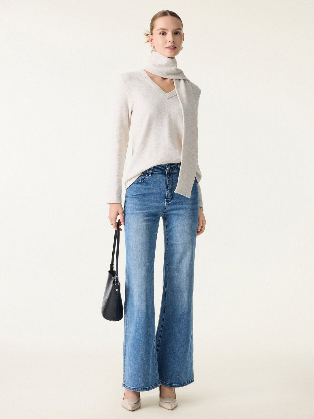 Relaxed Fit V-Neck Top with Scarf