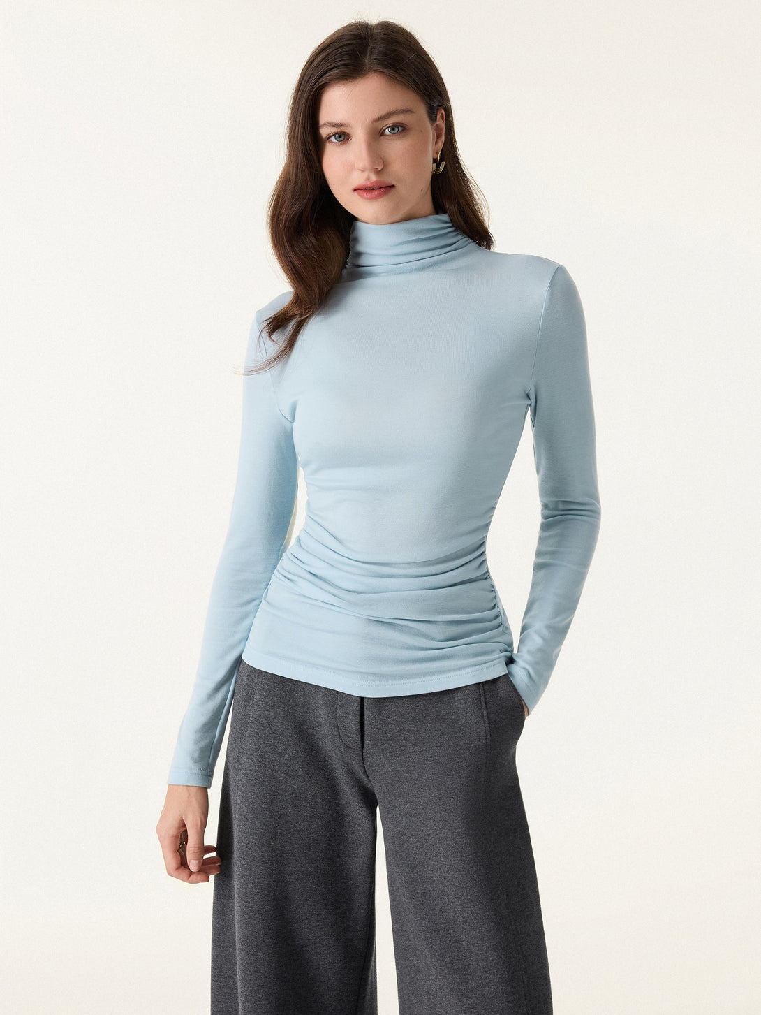 Lyocell Cashmere Turtleneck Side Ruched Top 1Pc Salt Blue