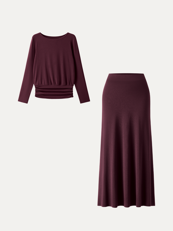 OGLmove 2Pcs Set Boatneck Long Sleeve Top & High-Rise A-Line Maxi Skirt
