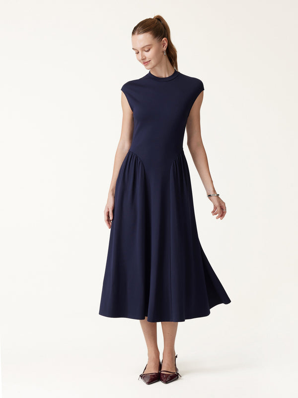 OGLmove Ponte Mock Neck Ruched A-Line Midi Dress with Pockets Smoky Navy XXS