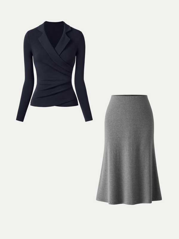 OGLmove 2Pcs Set Eco-Mousse® Collared Surplice Top & Soft Thermal Pull-On Midi Skirt