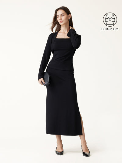 OGLmove 3Pcs Set Cardigan & Bra Cami & Side-Slit Column Midi Skirt Black XXS