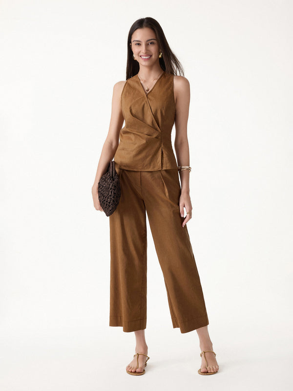 OGLmove 2Pcs Set Top with Side Twist & Cropped Wide Leg Pants Tree Brown XS