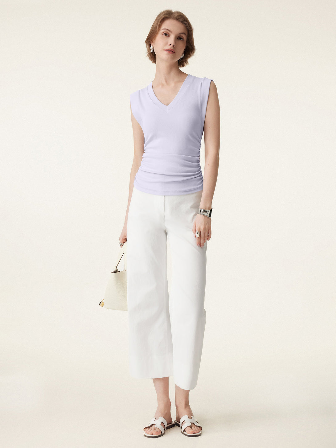 2Pcs Set Stretch Cotton V-neck Side Ruched Muscle Tee