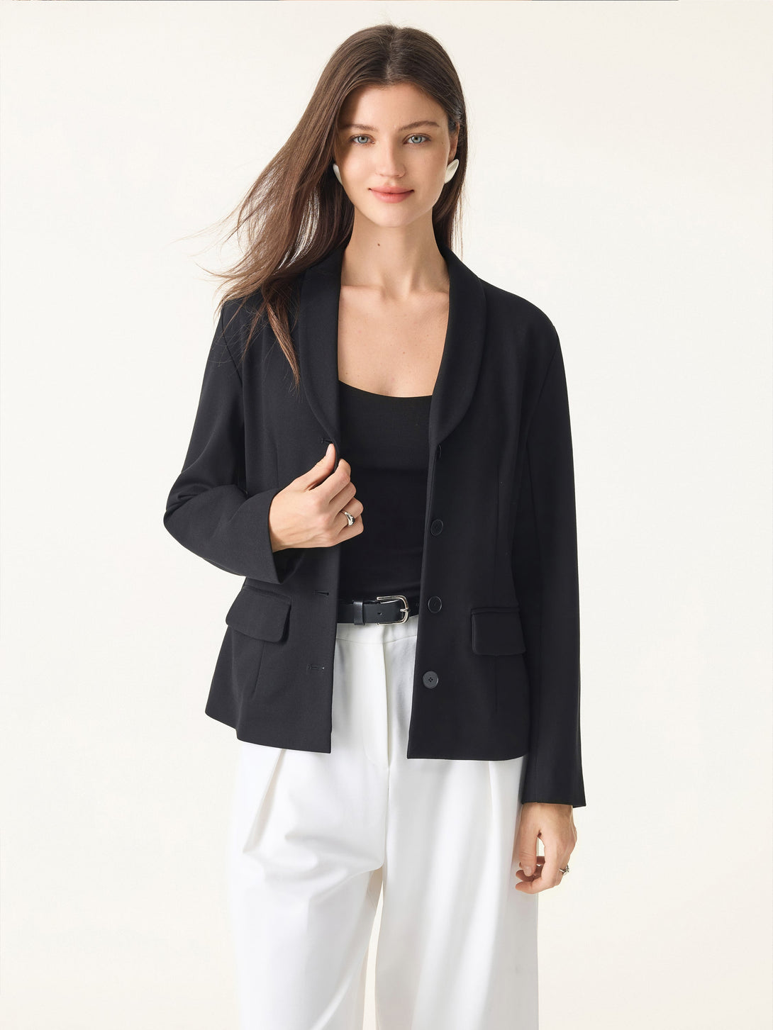 Stretch Shawl Lapel Button Front Blazer with Pockets Black XS