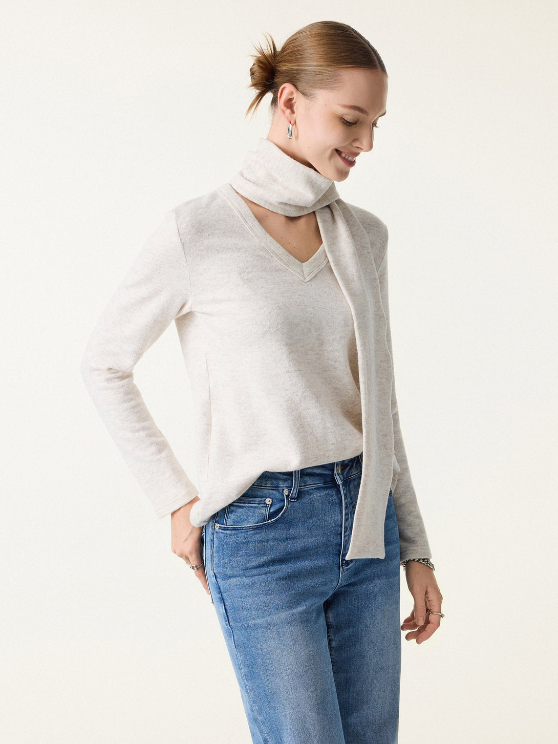 Relaxed Fit V-Neck Top with Scarf