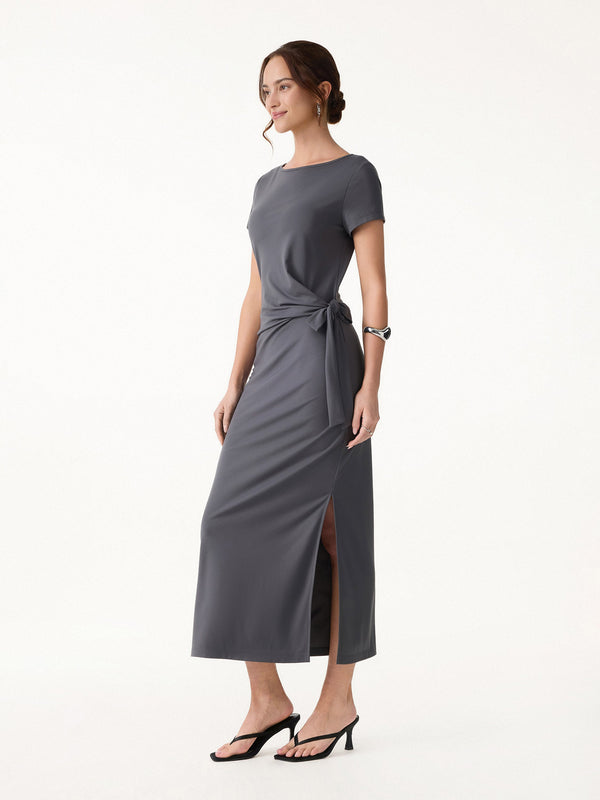 OGLmove Cooling Wrinkle-Resistant Side Waist Tie Midi Dress with Slit Battleship Grey XS