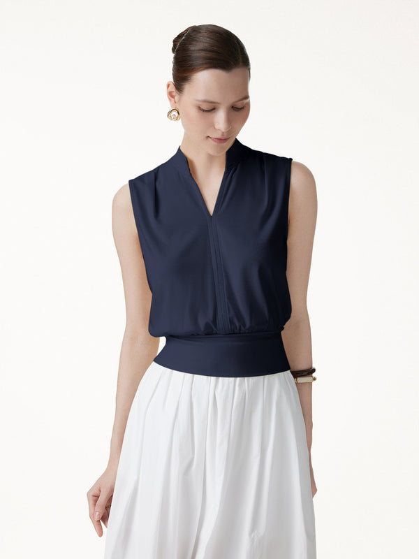 OGLmove Cotton-Viscose V-neck Stand Collar Sleeveless Top Navy XS