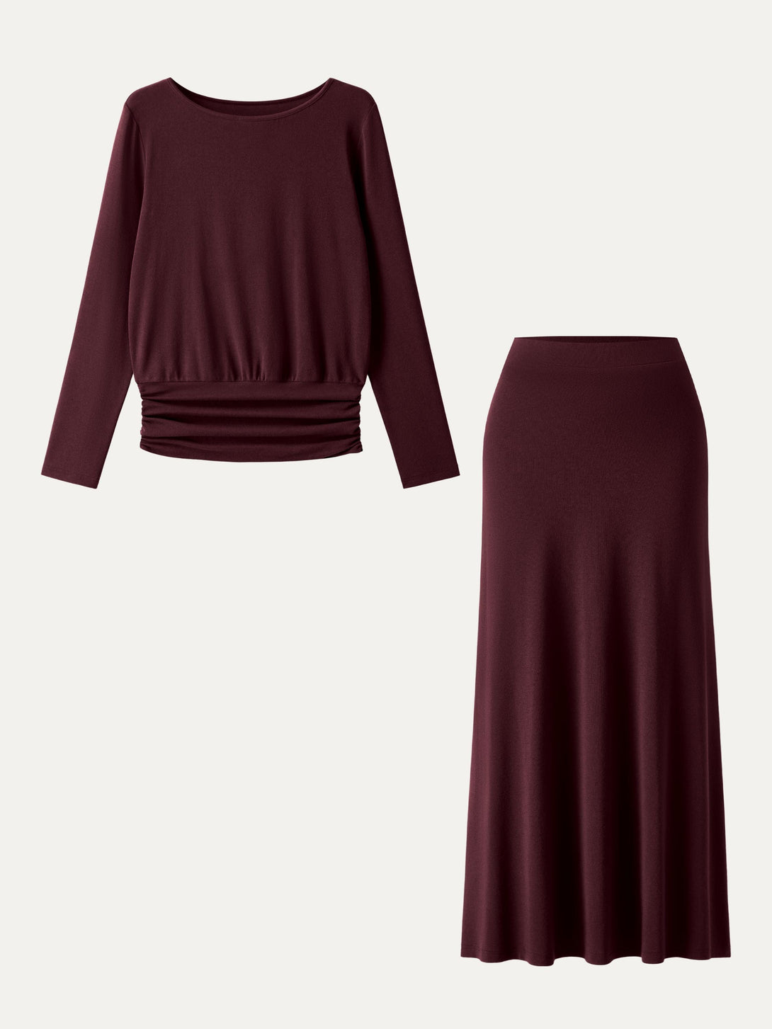 2Pcs Set Light Warm Round Neck Side Ruched Top & Pull-on Circle Flared Maxi Skirt Ruby XS