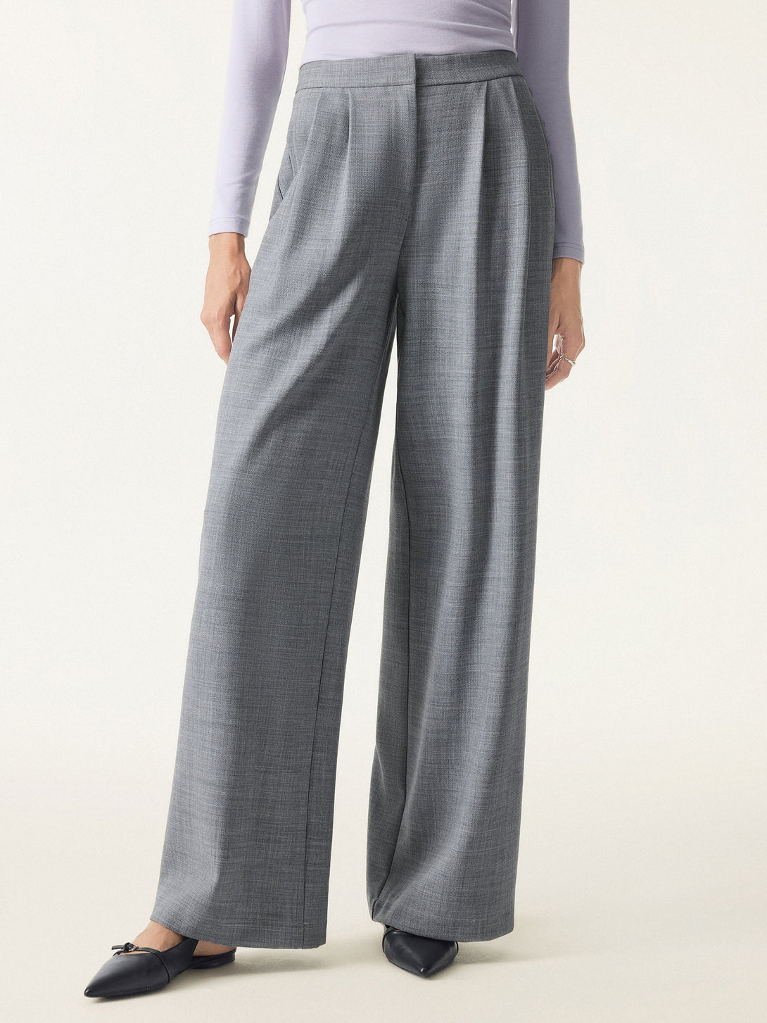 4-way Stretch Wool Mid Rise Pleated Wide Leg Trousers with Pockets Heather Grey XS