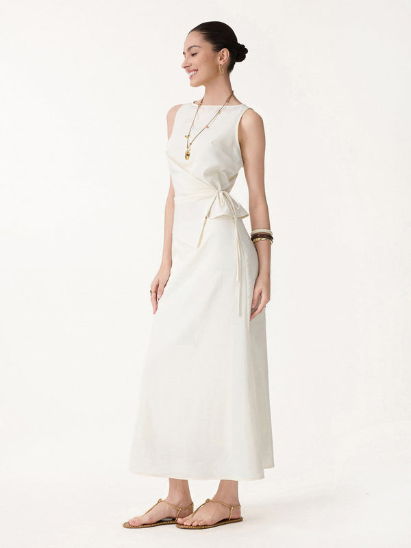 OGLmove 2Pcs Set Boatneck Waist-Defined Top & Maxi Flared Pull-On Skirt