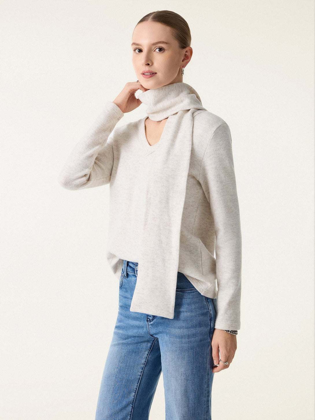 Relaxed Fit V-Neck Top with Scarf