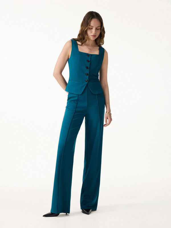 OGLmove 2Pcs Set Square Neck Waistcoat with Pockets & Wide Leg Ankled Pants