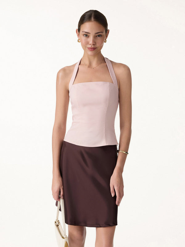 OGLmove Stretch Linen Halter Neck Smocked Top Tea Rose Pink XS